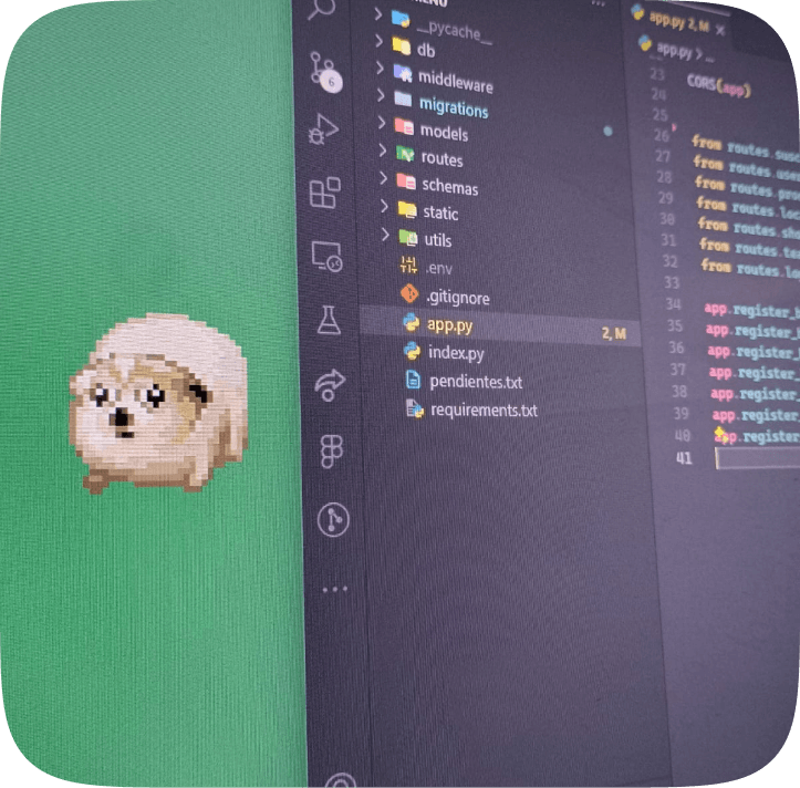 Una foto del código y al lado un perrito pixelart